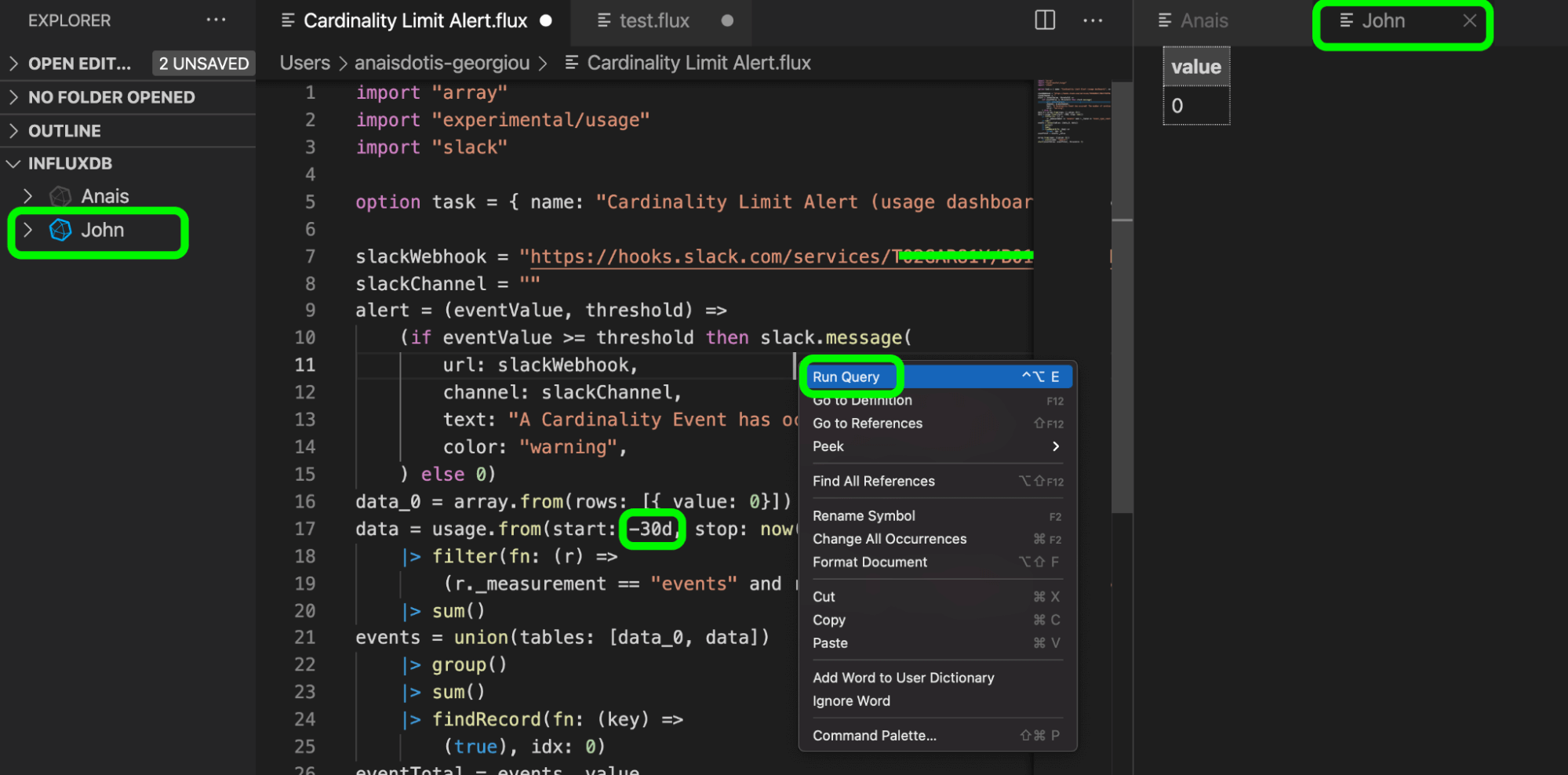 An example of editing a Task in VS Code with the Flux extension
