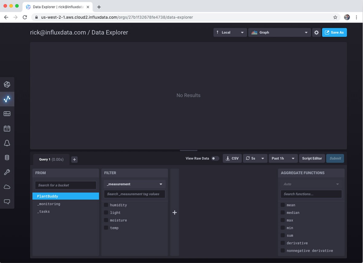 InfluxDB Could - Data Explorer PlantBuddy