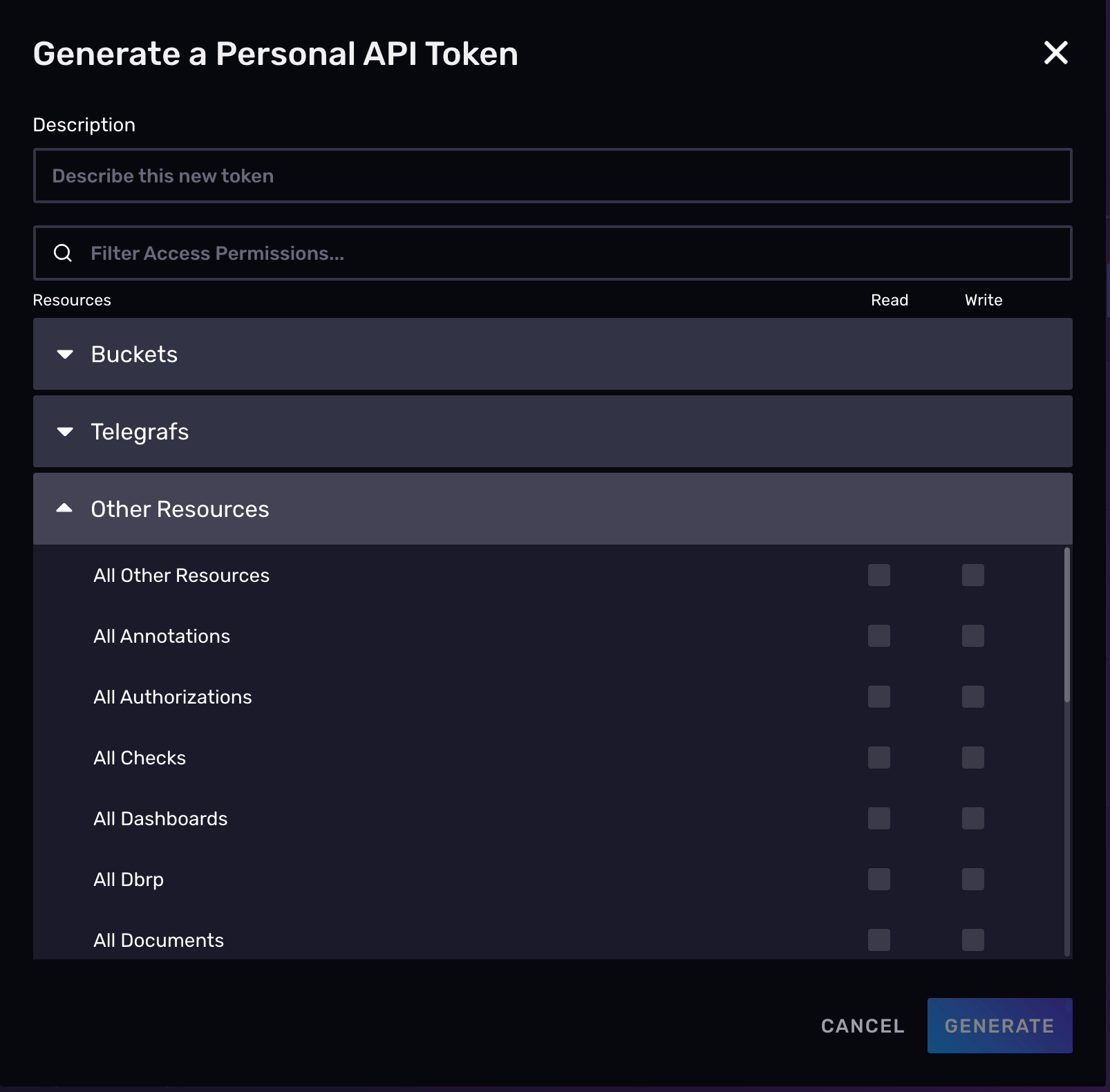 Generate a personal API Token screen