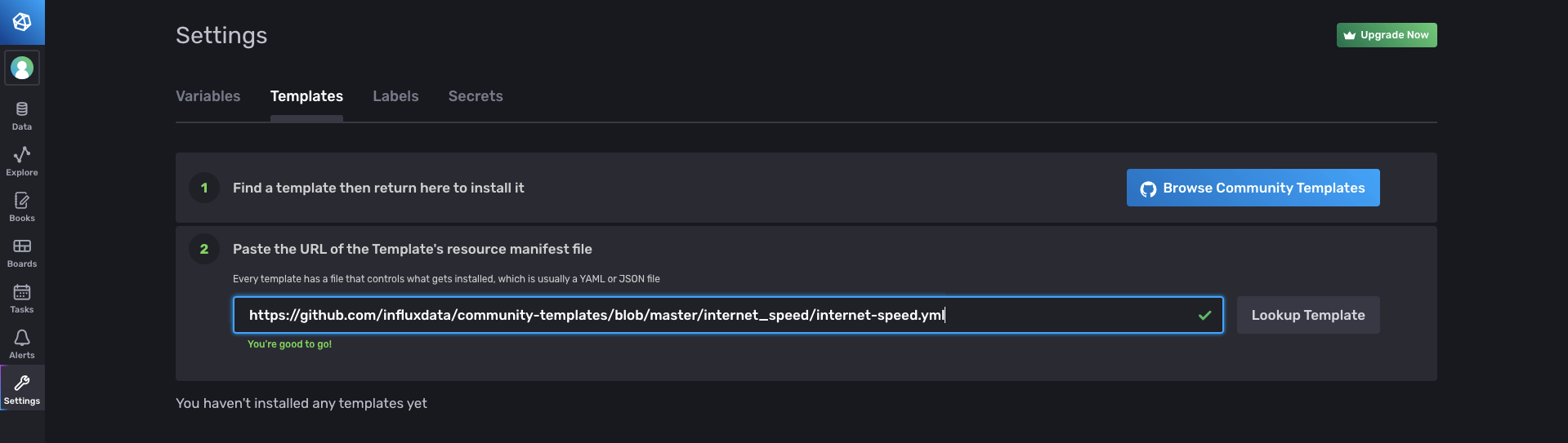 InfluxDB Template import