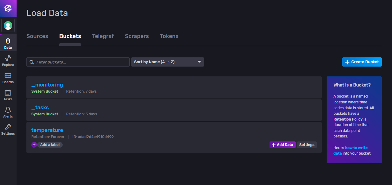 InfluxDB UI: list buckets