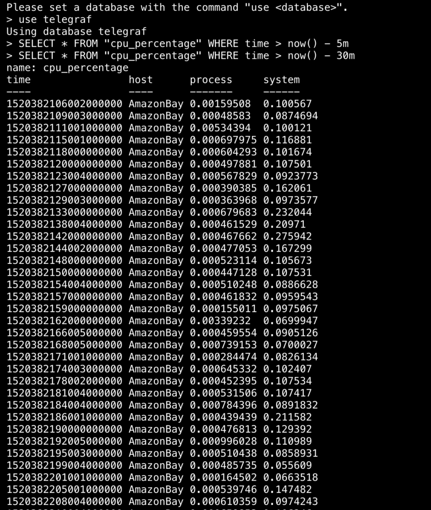 Terminal output from querying influxDB