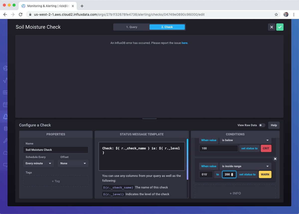 InfluxDB Cloud - soil moisture check