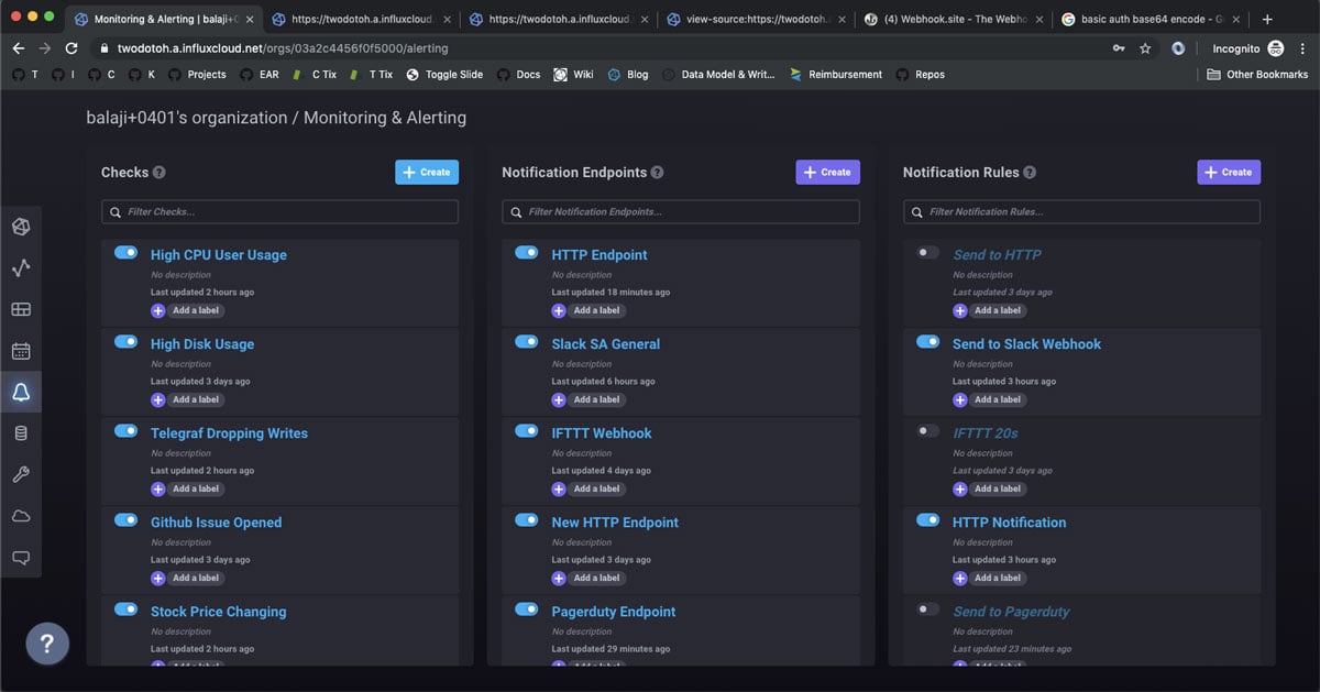 InfluxDB Cloud 2.0 serverless platform - Checks, Notification Endpoints, and Notification Rules