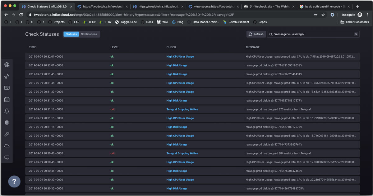 InfluxDB Cloud 2.0 serverless platform UI view of status history