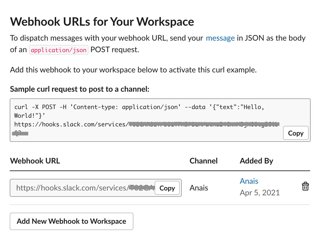 Webhook for URLs for your workspace