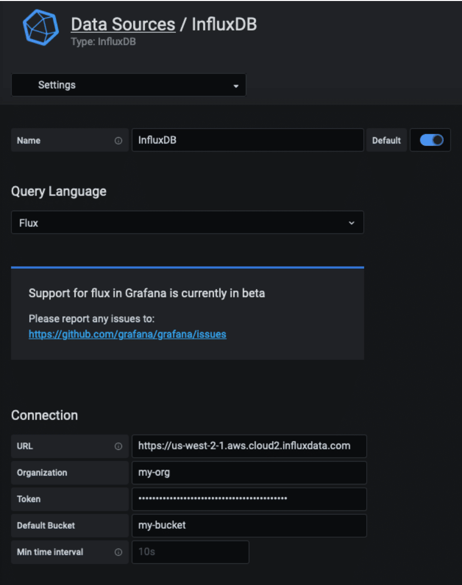 Configuring the InfluxDB data source in Grafana to use Flux