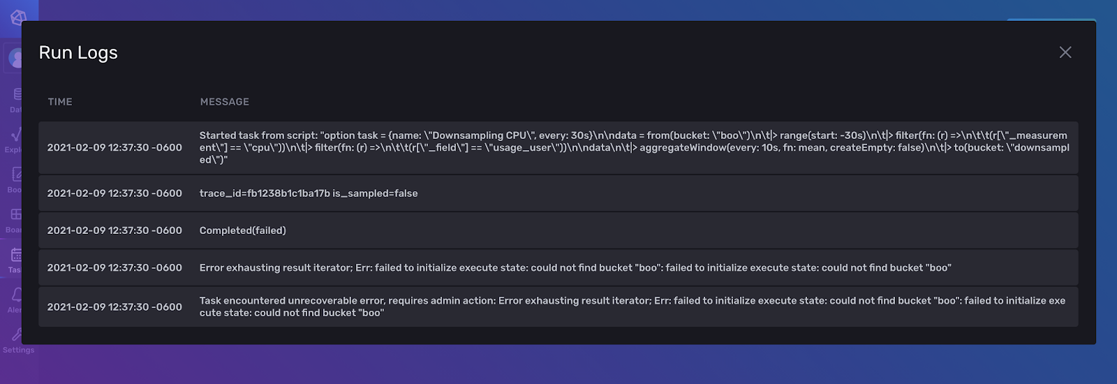 InfluxDB Run Logs screenshot