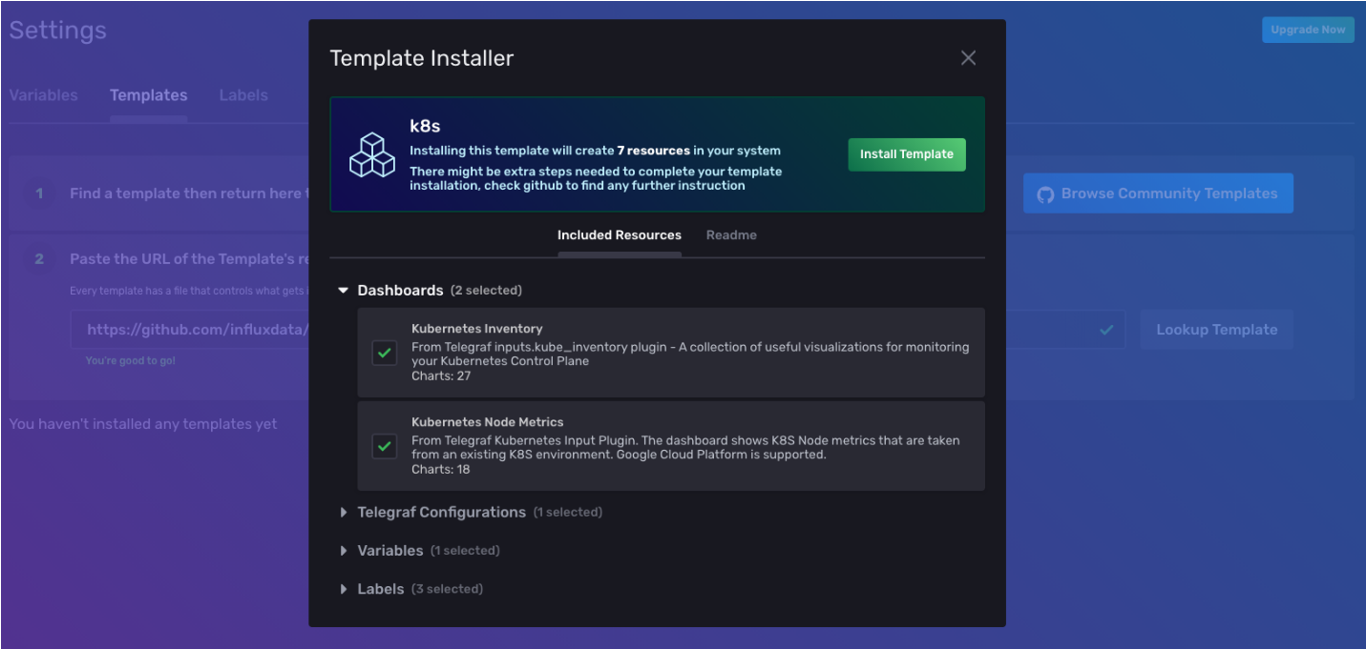influxdb template installer screenshot