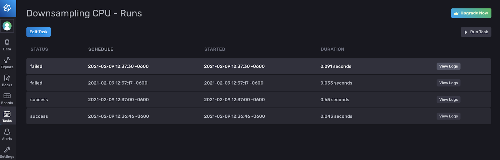 InfluxDB view task runs