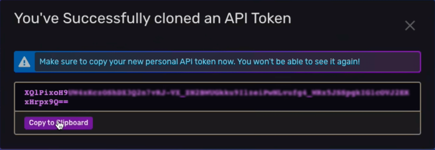 make sure to copy your new personal API token dashboard
