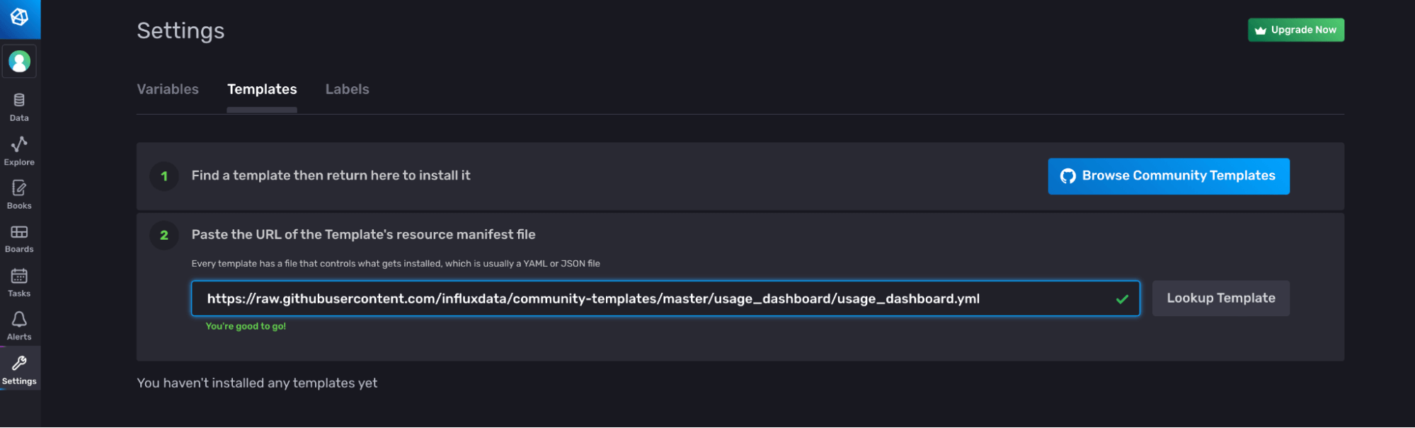 Navigate to Template on Settings page