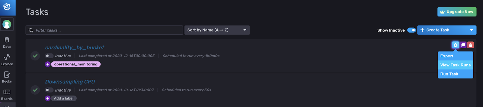 Screenshot of the Tasks page in the InfluxDB UI