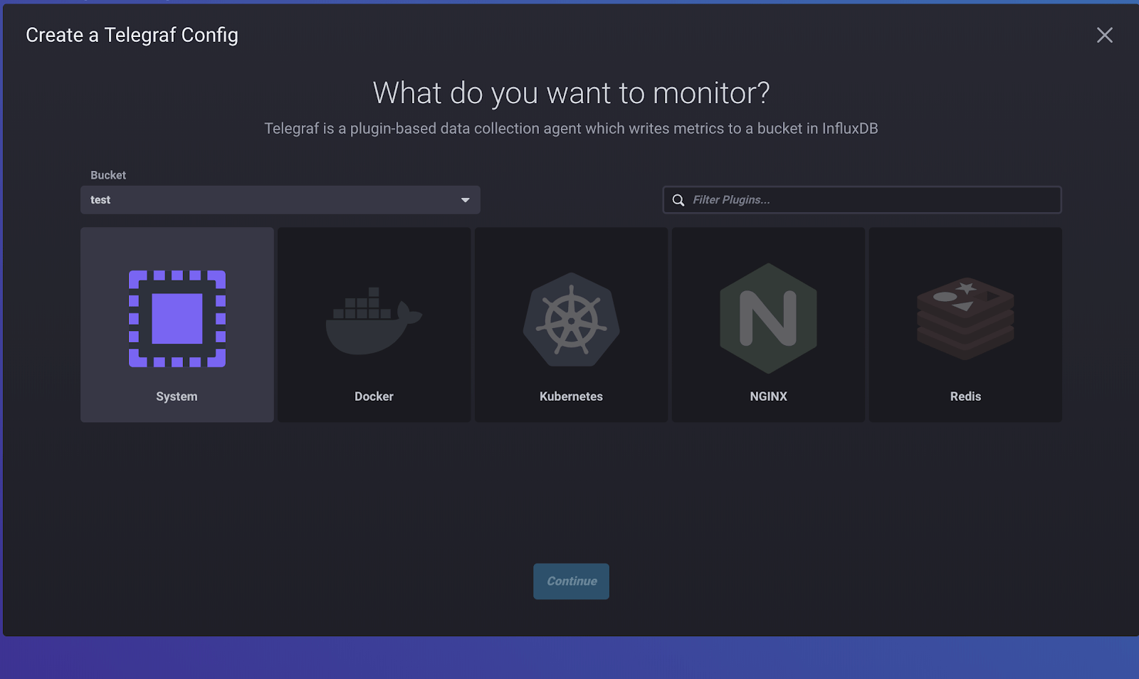 Telegraf configuration in InfluxDB 2.0 - create Bucket
