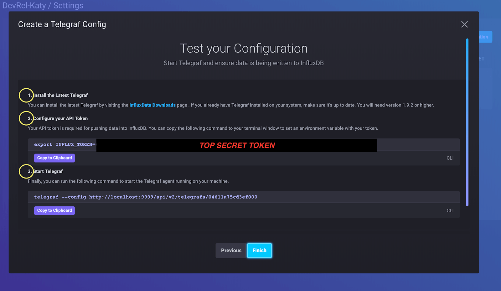 Telegraf configuration in InfluxDB 2.0 - test configuration-screenshot