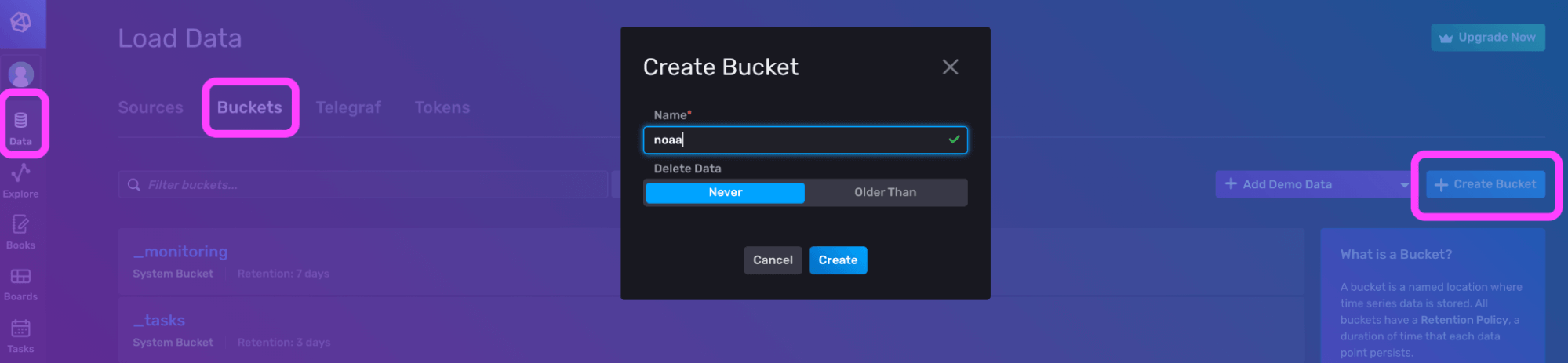A screenshot of the Load Data page in the InfluxDB UI