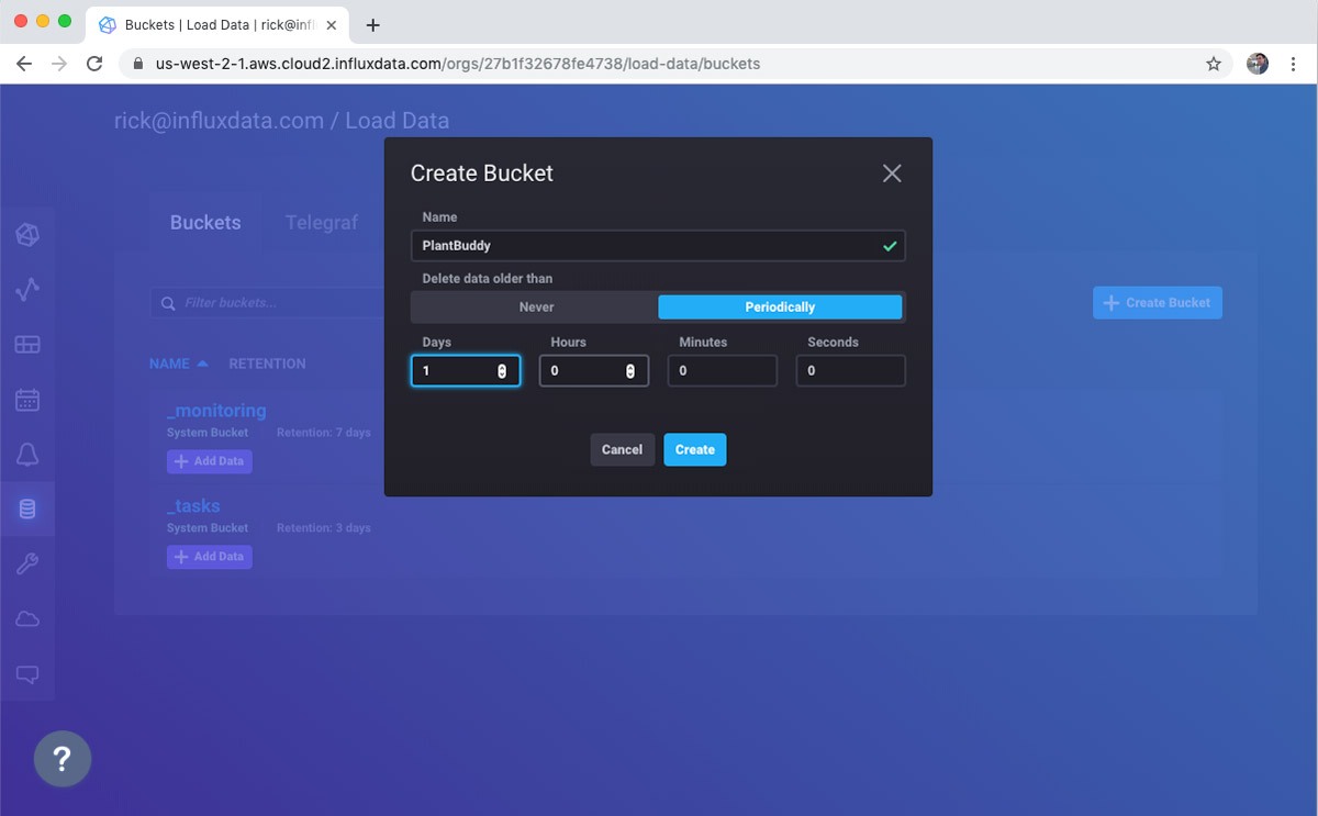 InfluxDB Cloud 2.0 - create bucket