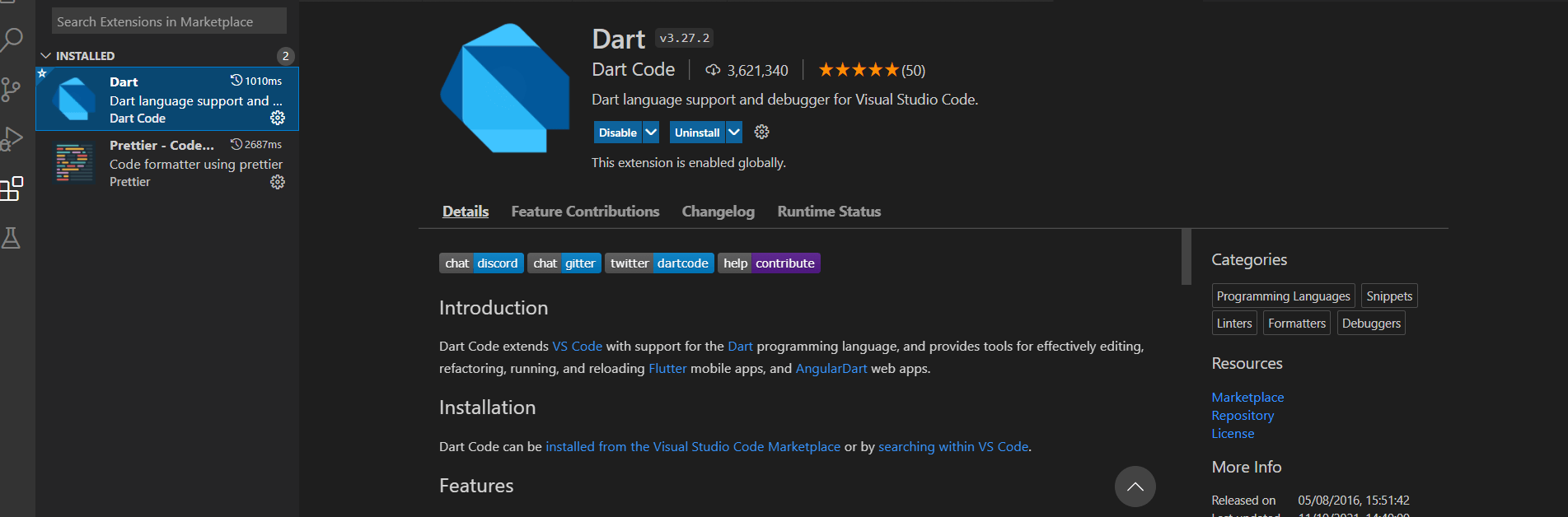 Dart tool installed in VS Code