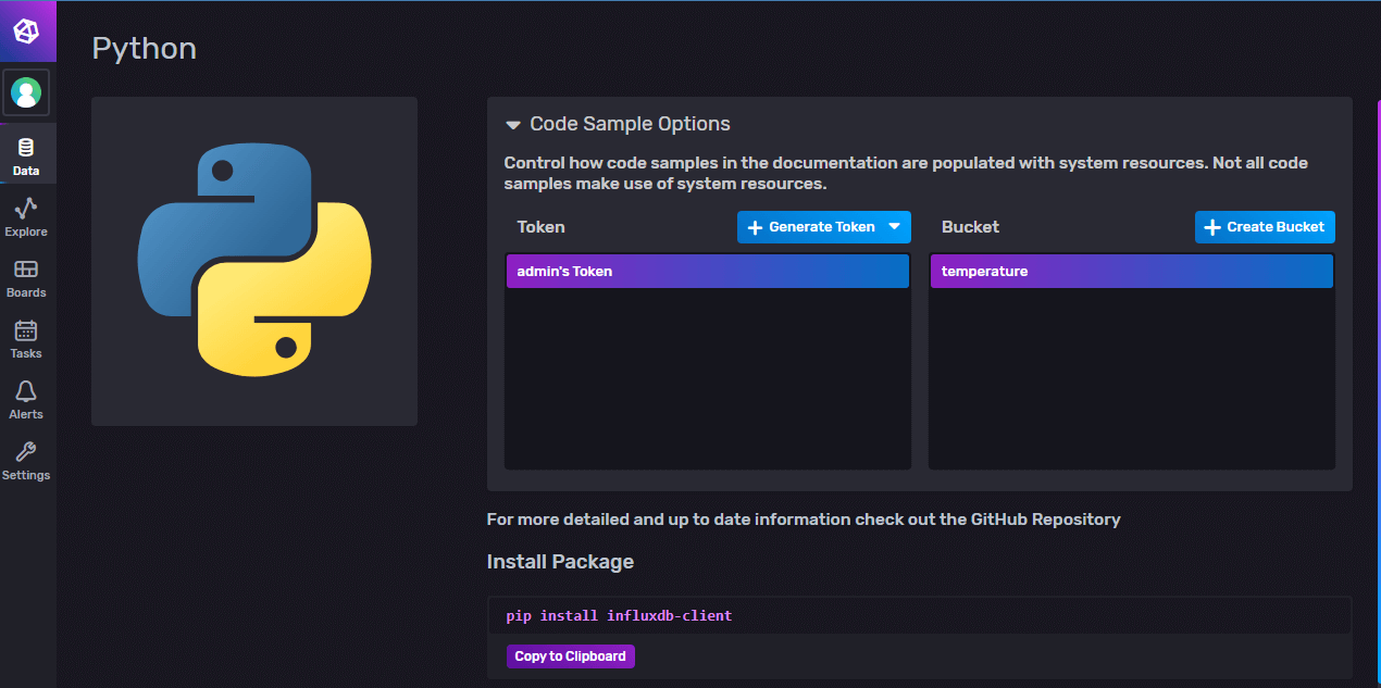 Generate token for InfluxDB