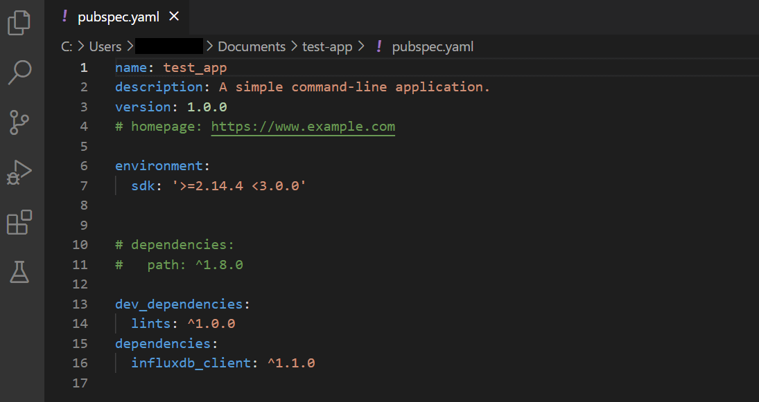 InfluxDB client library installation in pubspec.yaml file