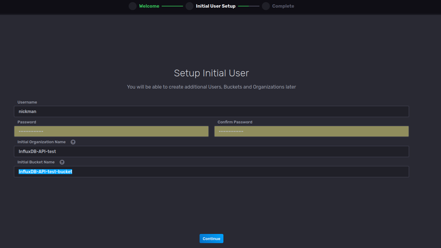 InfluxDB initial user setup
