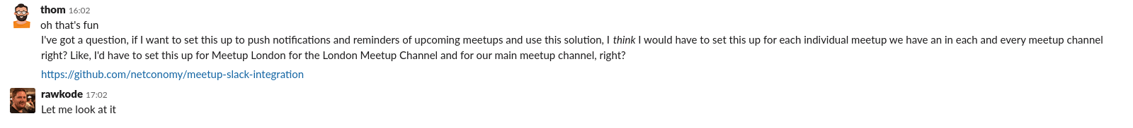 Slack message from Thom asking if we can publish Slack messages when a user group is coming up