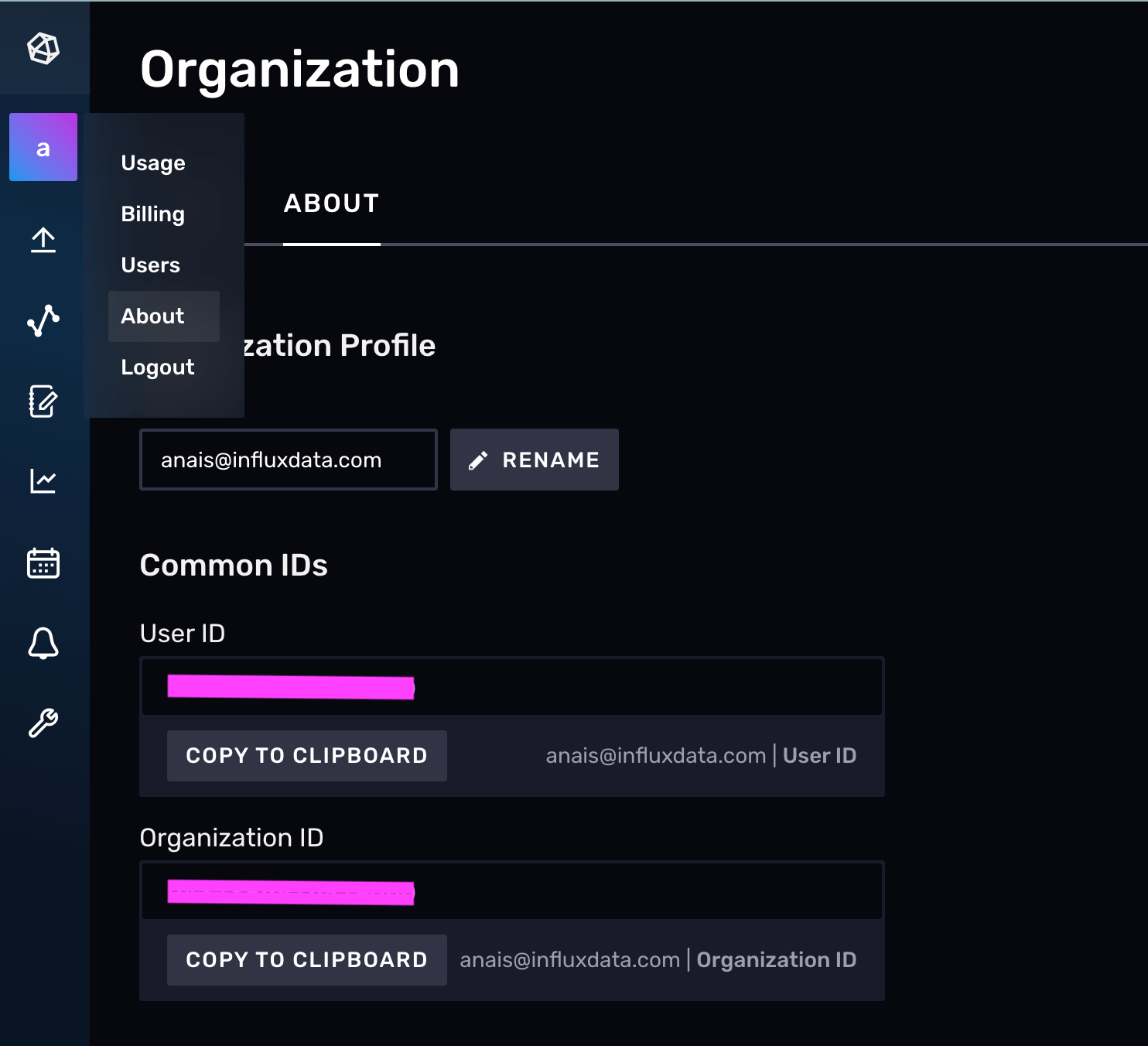 Org and Org ID on the About Me page