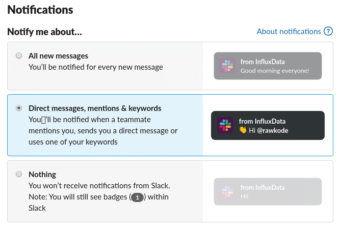 Settings page for Slack that shows silencing Slack notifications unless explicitly tagged