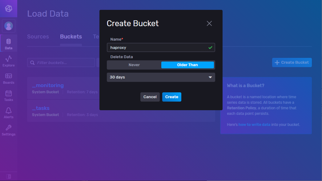 Create bucket in InfluxDB