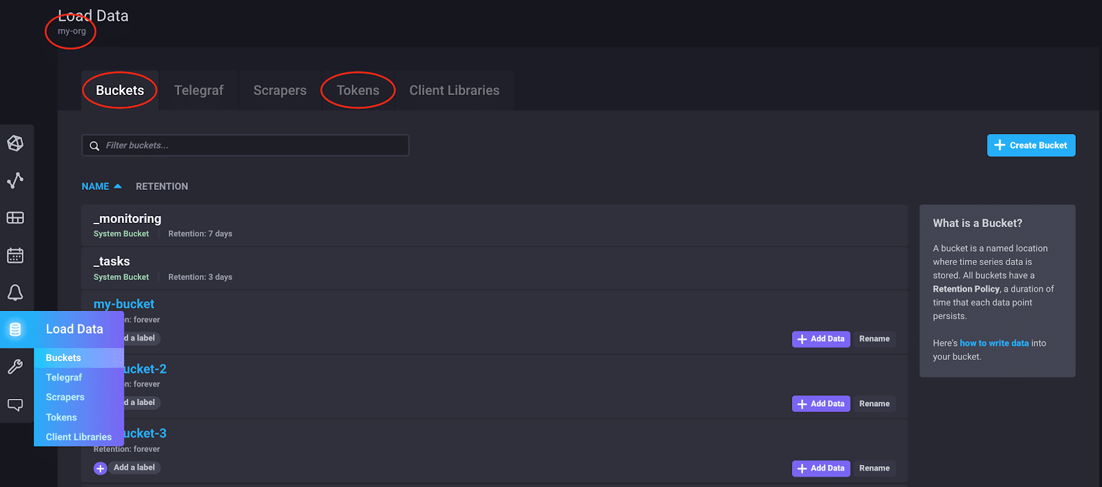 Example of the InfluxDB v2 UI - Buckets and Tokens